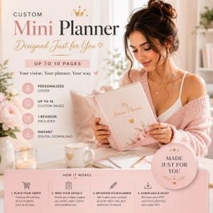 Peut inclure: Un mini agenda personnalisé avec une couverture rose pâle ornée d'illustrations florales et du texte My Dream Planner. Le visuel promotionnel inclut des détails sur les fonctionnalités comme jusqu'à 10 pages personnalisées et un téléchargement numérique.