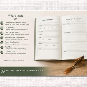 May include: An open planner with a green cover lies on a wooden surface, displaying "Daily Tracker" and "Behavior Tracker" pages. Text on the left side lists topics like "Get Organized" and "Plan Ahead." A fishing lure rests near the planner.