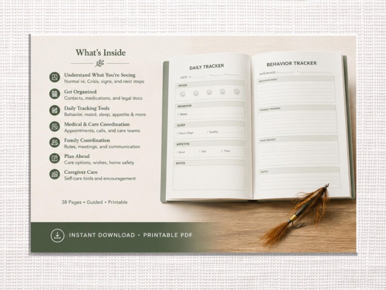 May include: An open planner with a green cover lies on a wooden surface, displaying "Daily Tracker" and "Behavior Tracker" pages. Text on the left side lists topics like "Get Organized" and "Plan Ahead." A fishing lure rests near the planner.