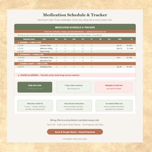 May include: A beige medication schedule and tracker printable with a green and brown header. The schedule includes sections for medication name, dosage, and time, with checkboxes for daily tracking. Text includes "Medication Schedule & Tracker".