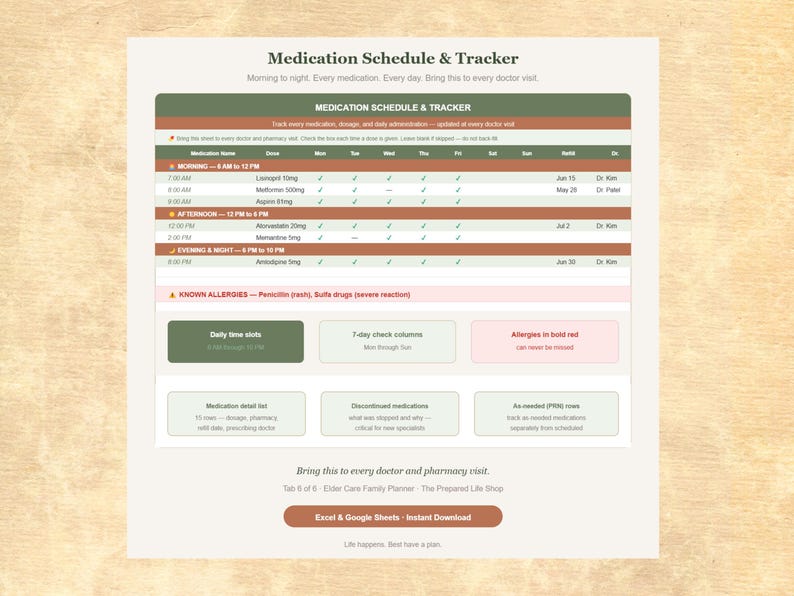May include: A beige medication schedule and tracker printable with a green and brown header. The schedule includes sections for medication name, dosage, and time, with checkboxes for daily tracking. Text includes "Medication Schedule & Tracker".