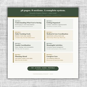 May include: A printable dementia caregiver planner with 38 pages and 8 sections. The sections include understanding, tracking, planning, and connecting. The planner is a complete system for caregiving.