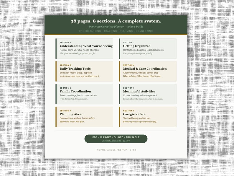 May include: A printable dementia caregiver planner with 38 pages and 8 sections. The sections include understanding, tracking, planning, and connecting. The planner is a complete system for caregiving.
