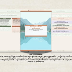 May include: A bundle of printable guides and checklists for caregiving. The central document features a landscape illustration with the text "Meaningful Activities & Connection." Surrounding documents include checklists and inspirational quotes.