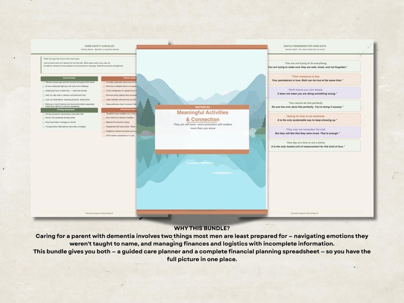 May include: A bundle of printable guides and checklists for caregiving. The central document features a landscape illustration with the text "Meaningful Activities & Connection." Surrounding documents include checklists and inspirational quotes.
