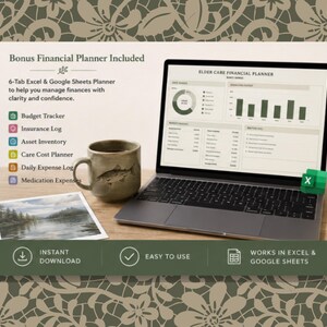 May include: A laptop displaying an Elder Care Financial Planner spreadsheet, with a coffee mug and a landscape photo. The image includes text: "Bonus Financial Planner Included", "Instant Download", "Easy to Use", and "Works in Excel & Google Sheets".