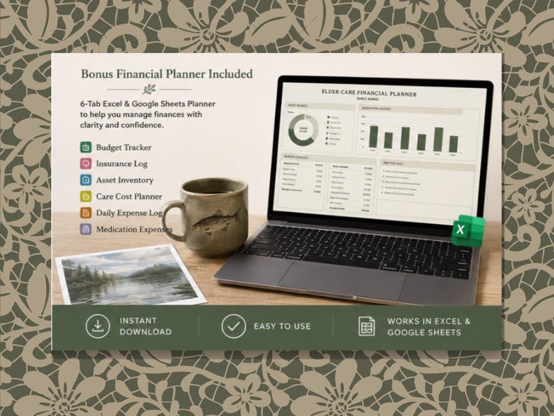 May include: A laptop displaying an Elder Care Financial Planner spreadsheet, with a coffee mug and a landscape photo. The image includes text: "Bonus Financial Planner Included", "Instant Download", "Easy to Use", and "Works in Excel & Google Sheets".