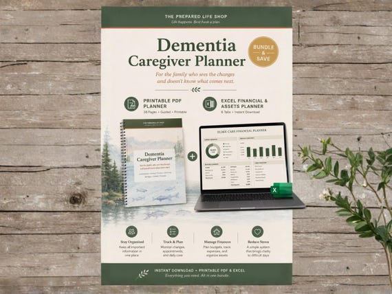 Dementia Caregiver Planner Bundle | Printable PDF + Excel Behavior Tracker | Memory Care Guide, Medication Log | Aging Parent Care