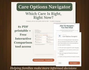 Care Options Navigator | Printable Senior Care Decision Worksheet | Home Care vs Assisted Living vs Memory Care