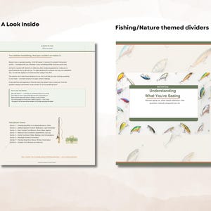 May include: Two-page spread from a book with the text "A Note to You" and "A Look Inside". The right page has the text "Fishing/Nature themed dividers" and a title that reads "Understanding What You're Seeing". The page is decorated with fishing lures.