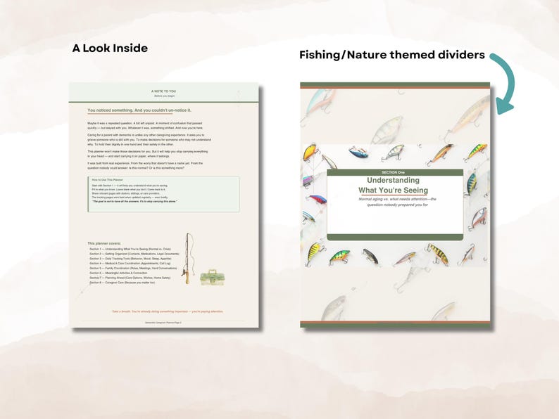 May include: Two-page spread from a book with the text "A Note to You" and "A Look Inside". The right page has the text "Fishing/Nature themed dividers" and a title that reads "Understanding What You're Seeing". The page is decorated with fishing lures.