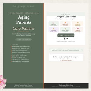Pode incluir: Um "Aging Parents Care Planner" imprimível, com um design verde e branco. O planejador inclui seções para contatos de emergência, medicamentos, documentos legais, finanças, segurança doméstica e um plano de cuidados de 90 dias. Disponível como PDF.