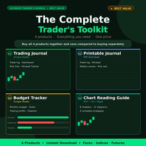 Könnte beinhalten: Ein Bild, das "The Complete Trader's Toolkit" bewirbt, ein digitales Produktpaket. Es zeigt vier Artikel: ein Trading-Journal, ein druckbares Journal, einen Budget-Tracker und eine Chart-Reading-Anleitung. Das Bild enthält Finanzdiagramme und Text.