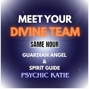 Könnte beinhalten: Eine quadratische Grafik mit dunkelblauem Farbverlauf und weißem sowie orangefarbenem Text: MEET YOUR DIVINE TEAM, SAME HOUR, GUARDIAN ANGEL & SPIRIT GUIDE, PSYCHIC KATIE. Das Design enthält dezente weiße Flügelsilhouetten und kleine Sterne.