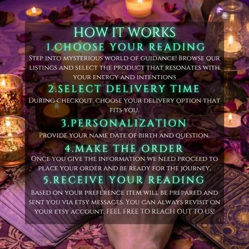 May include: Image with text: "HOW IT WORKS" followed by numbered steps for ordering a reading. Includes candles, tarot cards, and rose petals, creating a mystical atmosphere. The steps are: Choose your reading, Select delivery time, Personalization, Make the order, and Receive your reading.