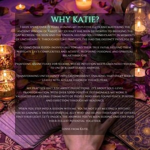 May include: An image with text that reads "WHY KATIE?" surrounded by candles, tarot cards, and flower petals. The text describes Katie's work as a psychic, offering guidance and spiritual transformation. The image has a warm, inviting aesthetic.
