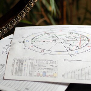May include: A stack of astrological charts with circular diagrams and detailed data tables. The charts are printed on white paper, with a dark brown decorative object in the upper left corner.