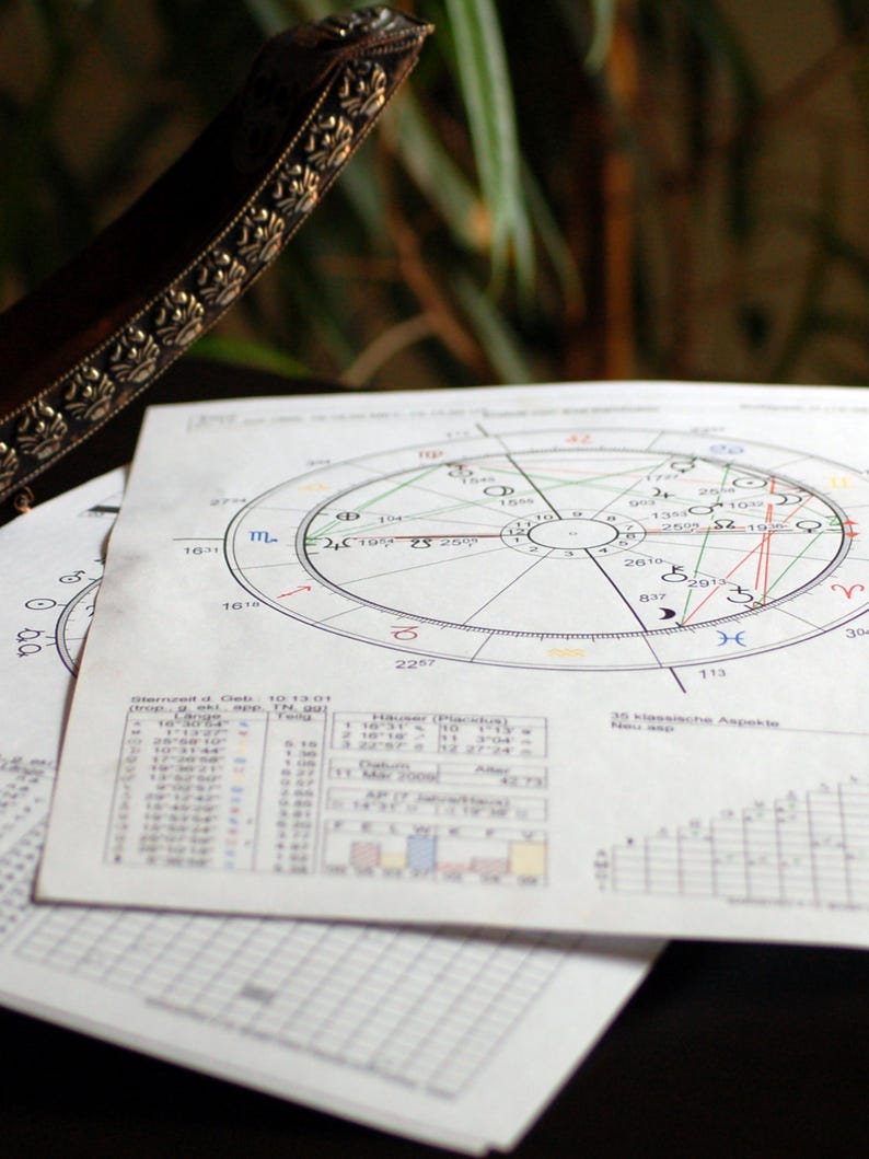 May include: A stack of astrological charts with circular diagrams and detailed data tables. The charts are printed on white paper, with a dark brown decorative object in the upper left corner.