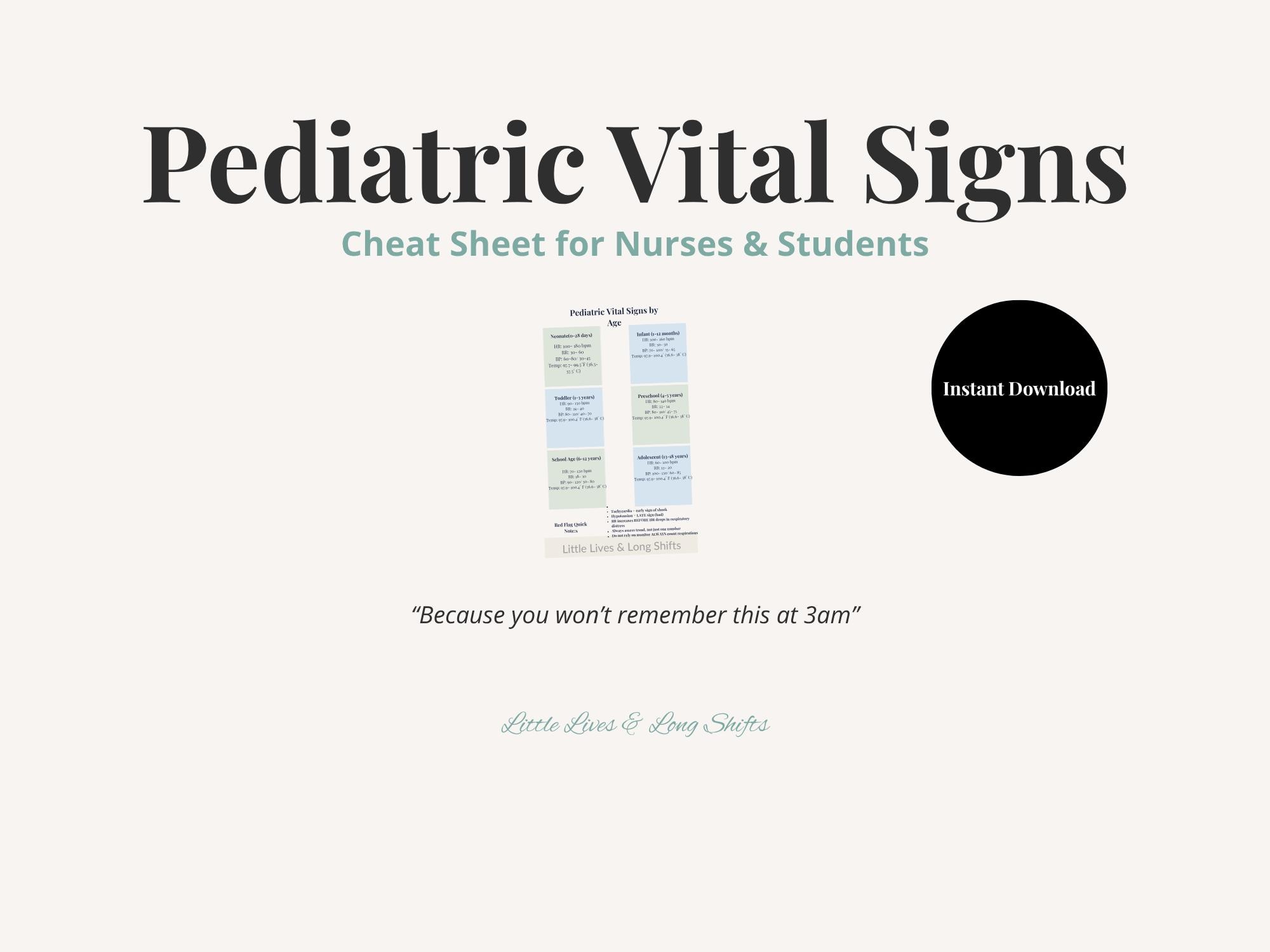 Pediatric Vital Signs Chart PDF/ Nursing Student Study Guide Printable ...