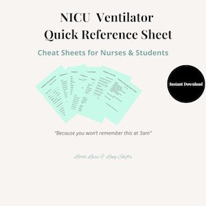 Può includere: Un set di fogli di riferimento rapido per ventilatori neonatali in verde chiaro per infermieri e studenti. Il testo recita NICU Ventilator Quick Reference Sheet, Cheat Sheets for Nurses & Students, Because you won't remember this at 3am, e Little Lives & Long Shifts.