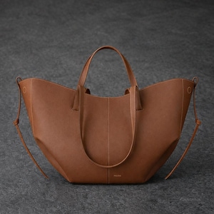 Polène Leather Tote Bag, Minimalist Brown Handbag, Luxury Structured Shoulder Bag, Elegant Purse