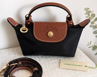 Longchamp Le Pliage Mini Bag, Black Nylon Brown Leather Crossbody Purse