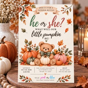 Gender Reveal Invitation Teddy Bear Announcement Pumpkin Theme Autumn Party Baby Shower Digital Template Editable Canva Fall Design He She