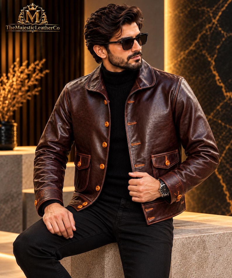 Brown men’s cowhide jacket featuring classic button styling, vintage character, defined tailoring and timeless details for versatile everyday and smart casual menswear.
#BrownJacket #MensJacket #CowhideJacket #MensFashion #VintageStyle #ClassicMenswear #MensOuterwear #MensStyle #RetroStyle #Cowhide #MensWear #VintageMenswear #ClassicJacket #MensClothing #GiftForMen #MensGift #RetroFashion #MensApparel #HeritageWear #TimelessStyle