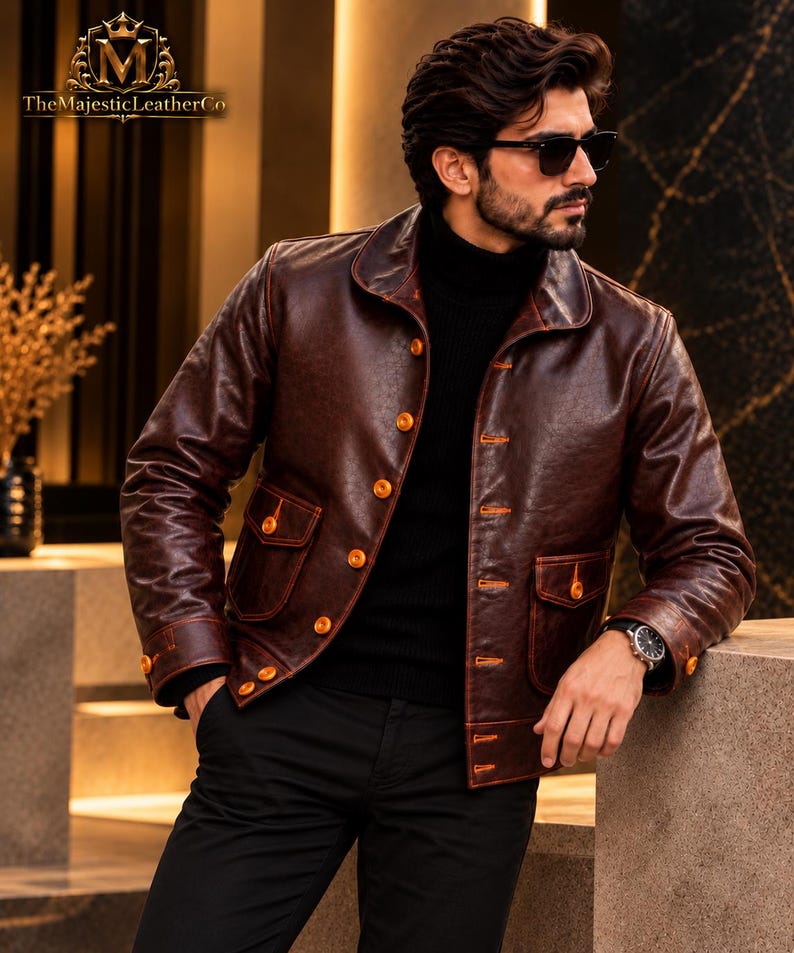 Classic men’s jacket made from cowhide with a deep brown finish, vintage-inspired silhouette, button closure and refined details suited to casual and heritage-style wardrobes.
#MensJacket #CowhideJacket #VintageMenswear #MensStyle #BrownStyle #ClassicMenswear #MensFashion #RetroWear #Cowhide #MensOuterwear #ClassicStyle #MensClothing #VintageWear #GiftForMen #MensGift #MensApparel #RetroStyle #HeritageWear #TimelessStyle #JacketStyle