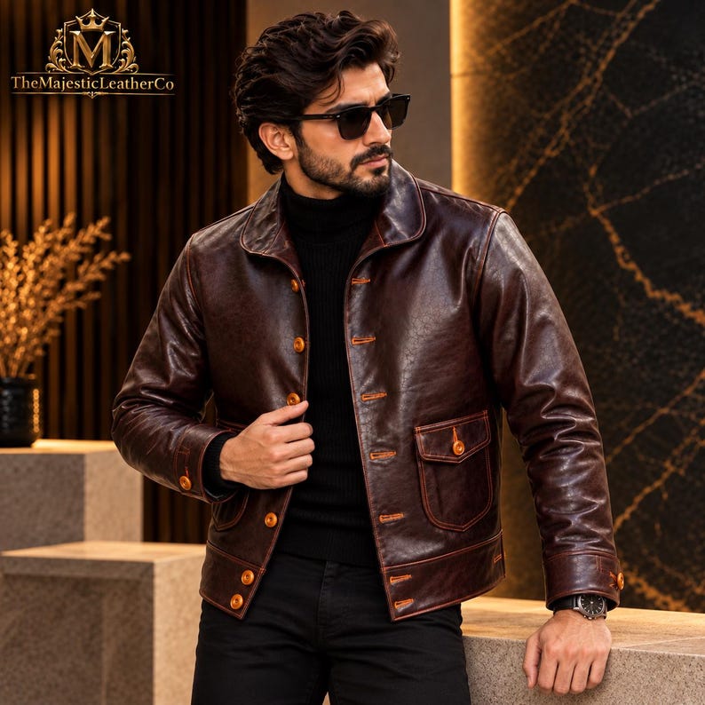 Vintage-style men’s cowhide jacket with a sophisticated brown finish, classic button front construction and timeless detailing designed for traditional and modern menswear.
#MensFashion #CowhideJacket #VintageJacket #MensStyle #ClassicMenswear #BrownOuterwear #MensJacket #RetroStyle #Cowhide #MensOuterwear #MensClothing #VintageWear #ClassicStyle #MensGift #GiftForHim #MensApparel #RetroMenswear #HeritageStyle #TimelessWear #MensWardrobe