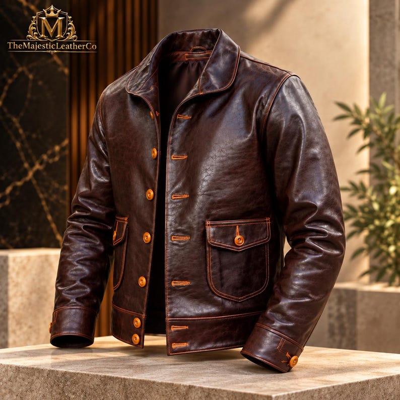 Men’s cowhide jacket in a rich brown finish with classic button front styling, structured collar, detailed stitching and timeless vintage-inspired design for casual and smart everyday menswear.
#MensJacket #CowhideJacket #MensFashion #VintageStyle #MensOuterwear #ClassicMenswear #BrownJacket #LeatherStyle #MensStyle #RetroFashion #MensClothing #GiftForHim #VintageMenswear #ClassicJacket #Cowhide #MensWear #RetroStyle #Outerwear #MensGift #TimelessStyle