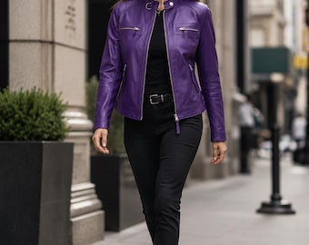 Women's Sheepskin Leather Cafe Racer Biker Jacket, Quilted Shoulder Zip Pockets