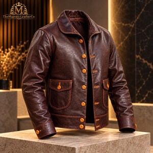 Men’s classic brown cowhide coat with vintage character, traditional button fastening, defined collar and detailed construction designed for a refined retro-inspired wardrobe.
#MensCoat #CowhideCoat #BrownJacket #VintageStyle #MensFashion #MensOuterwear #ClassicStyle #RetroWear #MensStyle #Cowhide #VintageMenswear #MensClothing #ClassicJacket #MensGift #GiftForHim #HeritageStyle #RetroFashion #MensApparel #TimelessWear #MensWardrobe