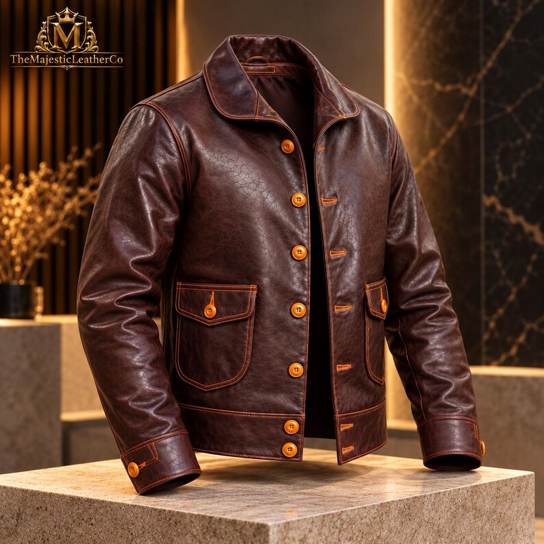 Men’s classic brown cowhide coat with vintage character, traditional button fastening, defined collar and detailed construction designed for a refined retro-inspired wardrobe.
#MensCoat #CowhideCoat #BrownJacket #VintageStyle #MensFashion #MensOuterwear #ClassicStyle #RetroWear #MensStyle #Cowhide #VintageMenswear #MensClothing #ClassicJacket #MensGift #GiftForHim #HeritageStyle #RetroFashion #MensApparel #TimelessWear #MensWardrobe