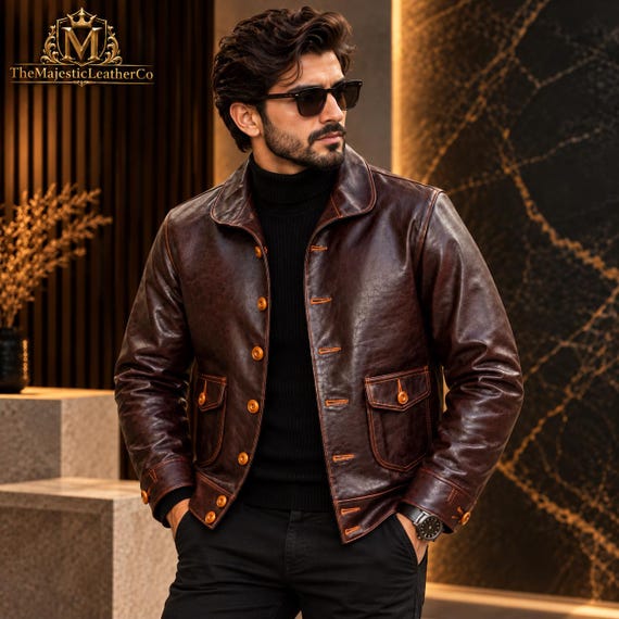 Men’s Brown Cowhide Jacket, Vintage Leather Coat, Classic Button Front Outerwear, Retro Menswear, Timeless Gift for Him