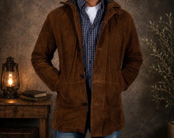 May include: A brown suede jacket with a button-front closure and a high collar, worn over a navy and white checkered button-down shirt, a plain white t-shirt, and blue denim jeans. The jacket features long sleeves and a textured suede finish.