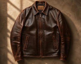 May include: A dark brown leather jacket with a full-length front zipper, a classic collar, and two vertical slit pockets. The interior neck label features the text Genuine Leather. The jacket has long sleeves and a straight hemline design.