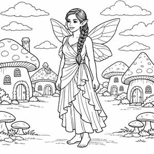 May include: A black and white illustration of a fairy standing in a whimsical mushroom village. The fairy has long braided hair, pointed ears, and large wings. She wears a flowing dress. Mushroom-shaped houses and clouds fill the background.