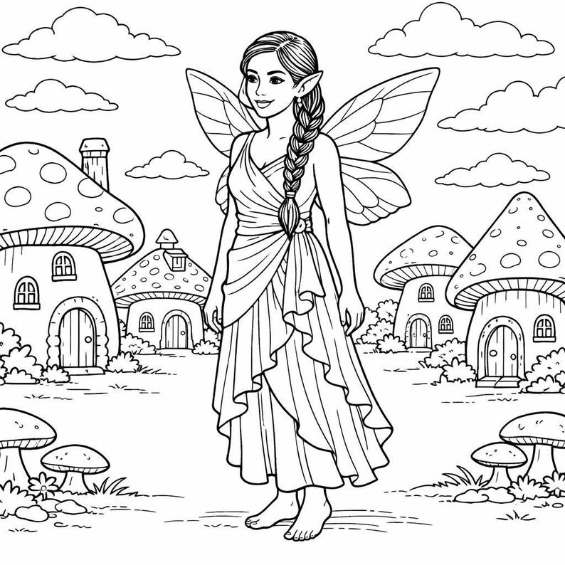 May include: A black and white illustration of a fairy standing in a whimsical mushroom village. The fairy has long braided hair, pointed ears, and large wings. She wears a flowing dress. Mushroom-shaped houses and clouds fill the background.