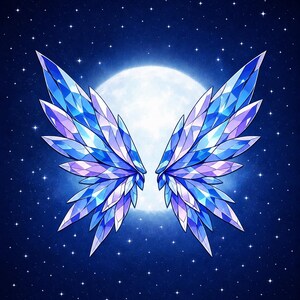 May include: Illustration of stylized crystal wings in shades of blue and purple, set against a dark blue starry night sky with a full moon in the background. The wings are symmetrical and detailed.