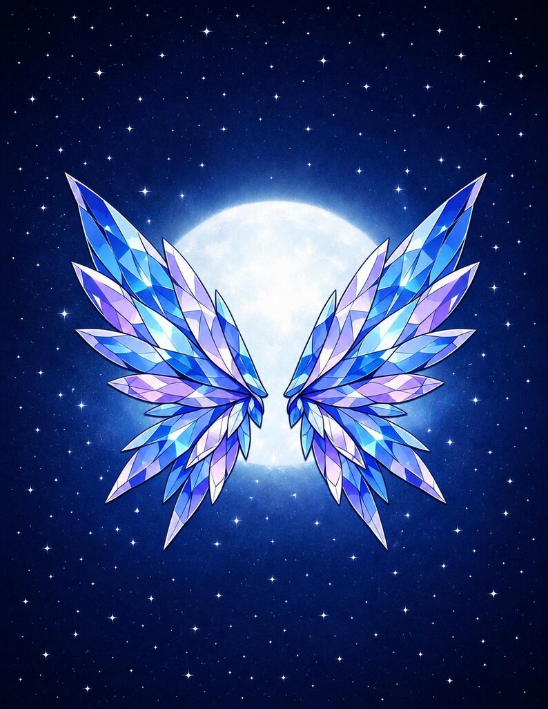 May include: Illustration of stylized crystal wings in shades of blue and purple, set against a dark blue starry night sky with a full moon in the background. The wings are symmetrical and detailed.