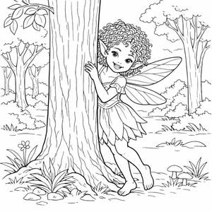 May include: Black and white illustration of a fairy peeking from behind a tree in a forest setting. The fairy has curly hair, pointed ears, and large wings. She is wearing a dress with a petal-like skirt.