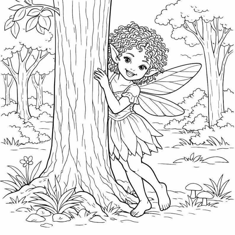 May include: Black and white illustration of a fairy peeking from behind a tree in a forest setting. The fairy has curly hair, pointed ears, and large wings. She is wearing a dress with a petal-like skirt.