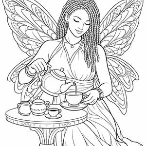 May include: Black and white line art illustration of a fairy pouring tea. The fairy has braided hair, large detailed wings, and is wearing a dress. A small table holds a teapot, sugar bowl, and teacups.