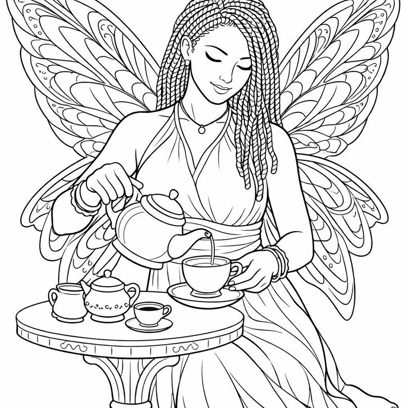 May include: Black and white line art illustration of a fairy pouring tea. The fairy has braided hair, large detailed wings, and is wearing a dress. A small table holds a teapot, sugar bowl, and teacups.
