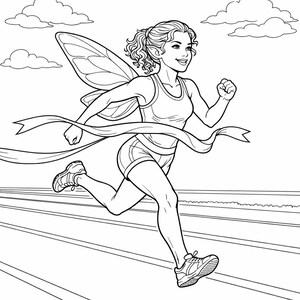 May include: Line art illustration of a fairy running a race, breaking the finish line ribbon. The fairy is wearing athletic shorts, a tank top, and running shoes. Clouds are in the background.
