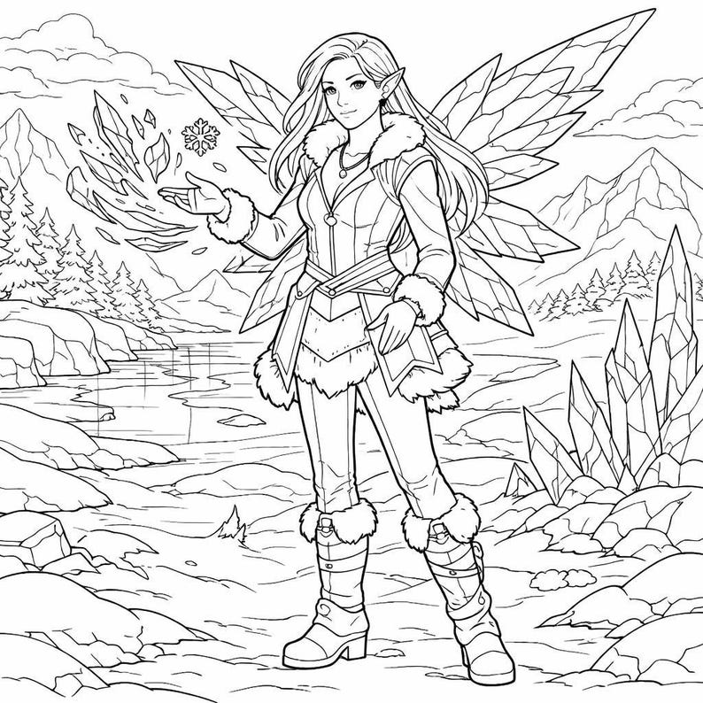 May include: Black and white illustration of a fantasy character with pointed ears, wings, and winter attire. The character is holding a snowflake and surrounded by ice crystals, with a snowy mountain landscape in the background.