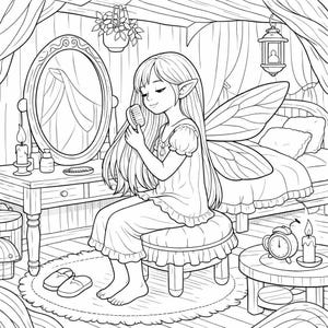 May include: Line art illustration of a fairy in a bedroom, brushing their long hair in front of a vanity mirror. The fairy is wearing pajamas and has large wings. A bed, alarm clock, and candles are also visible.