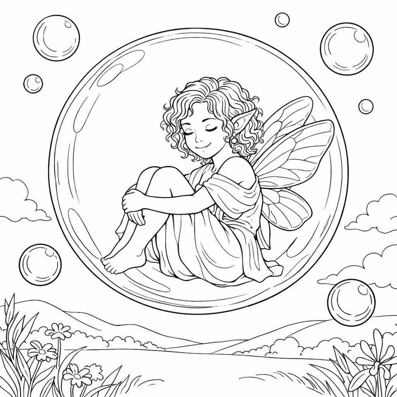 May include: A black and white illustration of a fairy with curly hair and large wings, sitting inside a large bubble. The fairy is wearing a dress and is surrounded by other bubbles, with a landscape in the background.