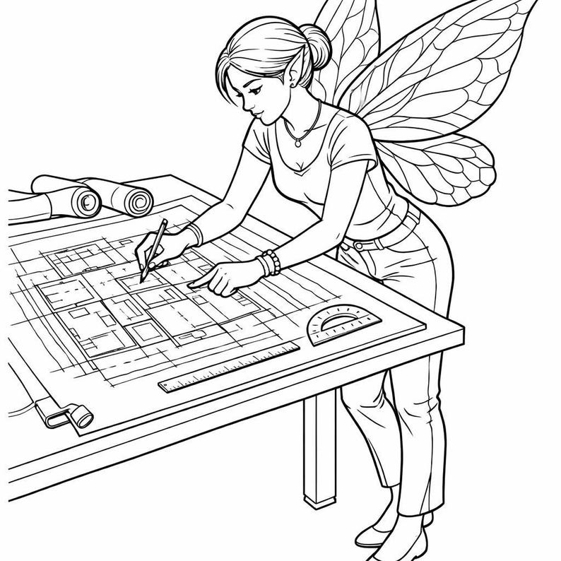 May include: Black and white illustration of a fairy architect working on a blueprint. The fairy, with large detailed wings, is drawing on a large table with rolled-up plans and drafting tools. The fairy is wearing a t-shirt, jeans, and shoes.